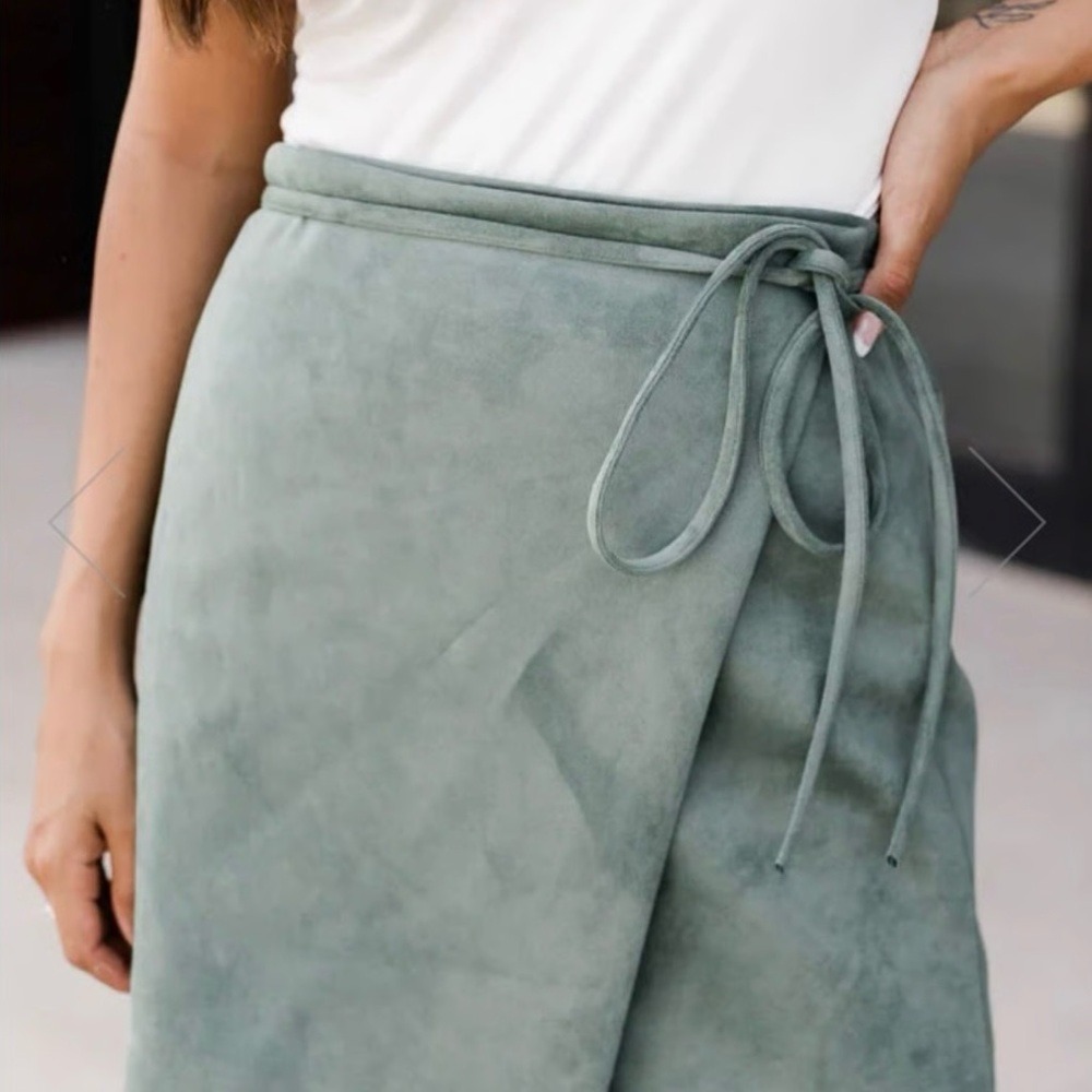 Pink Lily Sage Green Medium Suede Wrap Skirt Tie Waist Midi Fall Sleek Romantic